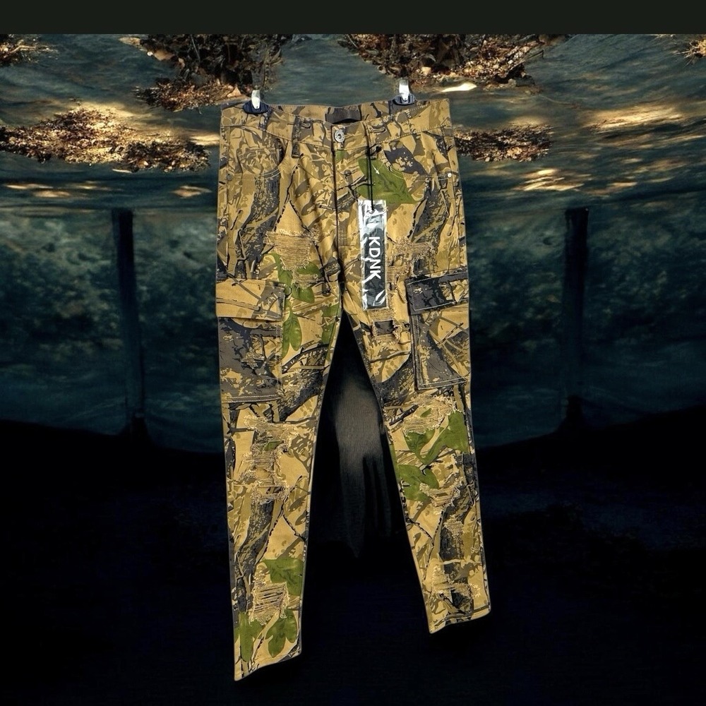 KDNK Mens Forest Camo Brown Pants 32/31.5 Skinny Ripped Patches Outdoor Jeans - Picture 16 of 16
